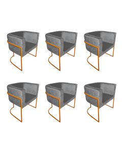 Kit 6 Poltronas Decorativa Sala de Estar Base de Ferro Cobre Veludo Cinza