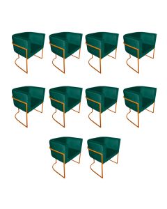 Kit 10 Poltronas Decorativa Sala de Estar Base de Ferro Cobre Veludo Verde