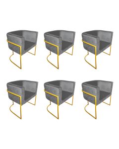 Kit 6 Cadeiras de Jantar Premium Base de Ferro Dourada Veludo Cinza