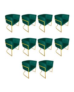 Kit 10 Poltronas Decorativa Sala de Estar Base de Ferro Dourada Veludo Verde