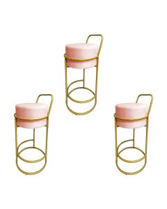 Kit 3 Banquetas Alta Redonda Base Dourada Veludo - Rose
