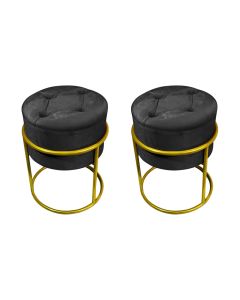 Kit 2 Puffs Decorativos Redondo com Capitonê Base de Ferro Dourada Tecido Veludo Preto